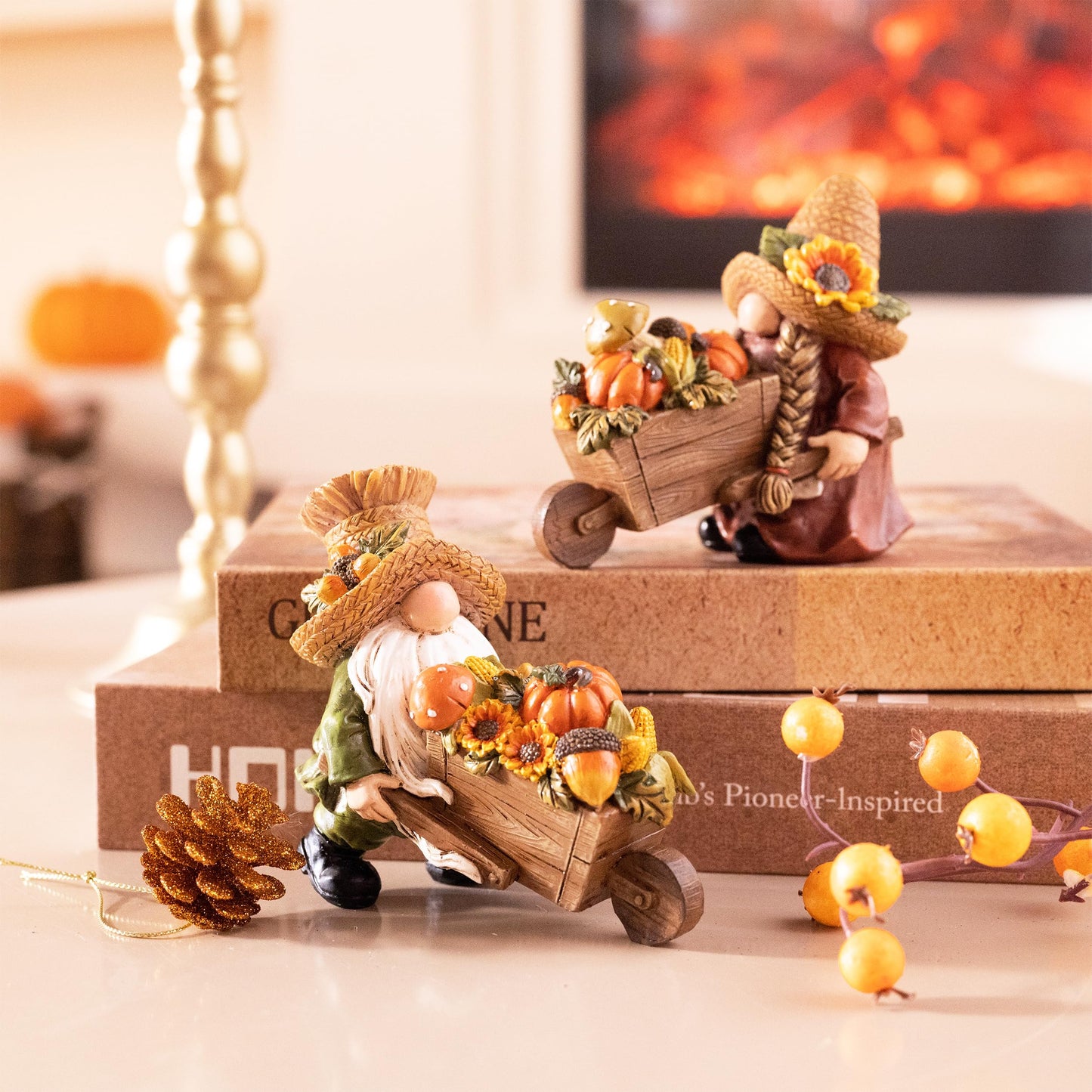 Valery Madelyn Autumn Decorations, Lovely Set of 2 Medium Fall Gonks Ornaments with Harvest Cart, Waterproof Resin Autumn Decor for Gonks Gifts, Fall Decorations for Living Room, Bedroom, Garden 10CM