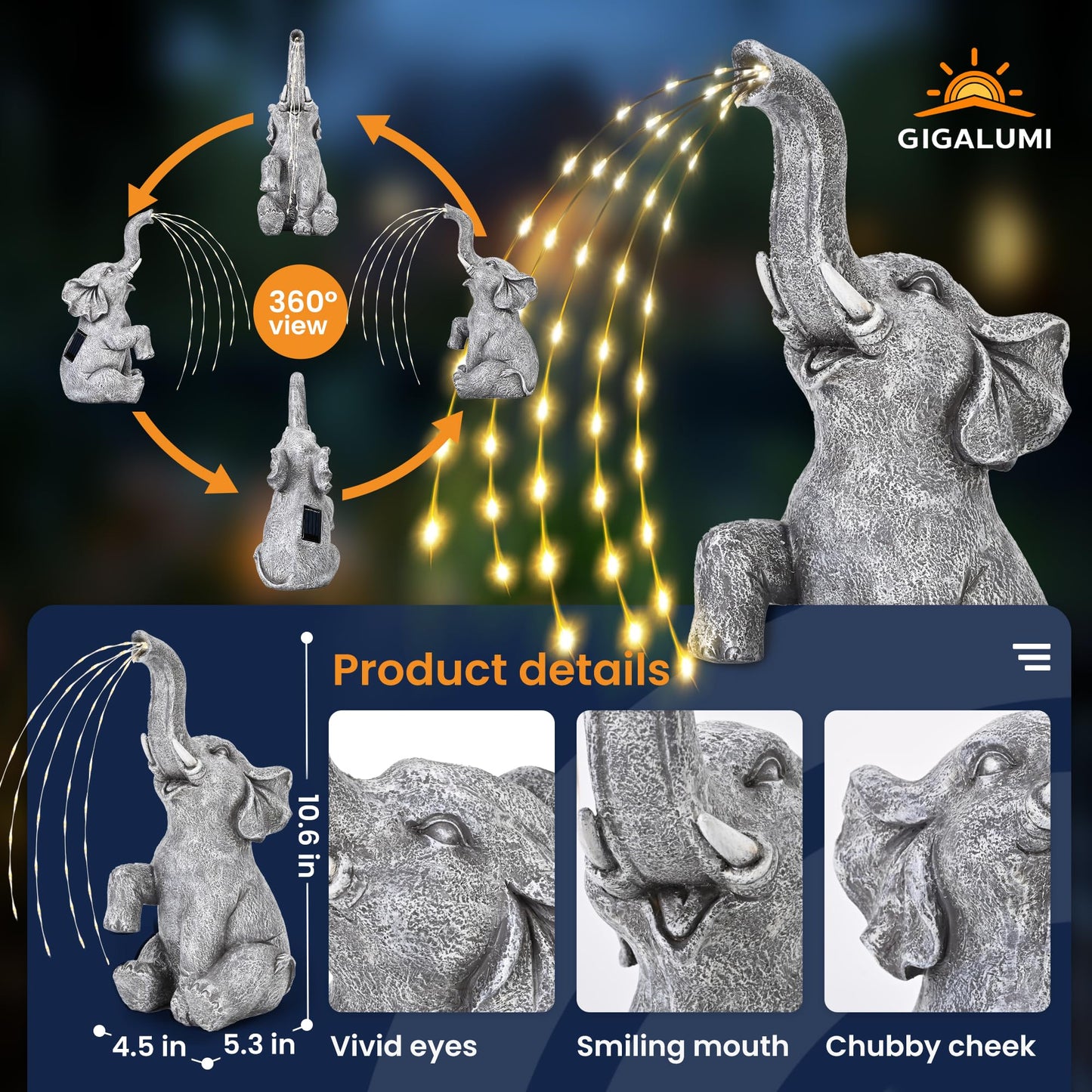 GIGALUMI Upgraded Elephant Statue Garden Decoration True Watering Elephant Figure Solar Powered LED Lights, Gifts for Women, Gifts for Mum, Garden Decorations for Patio(10.6 Inch/ 27 cm)