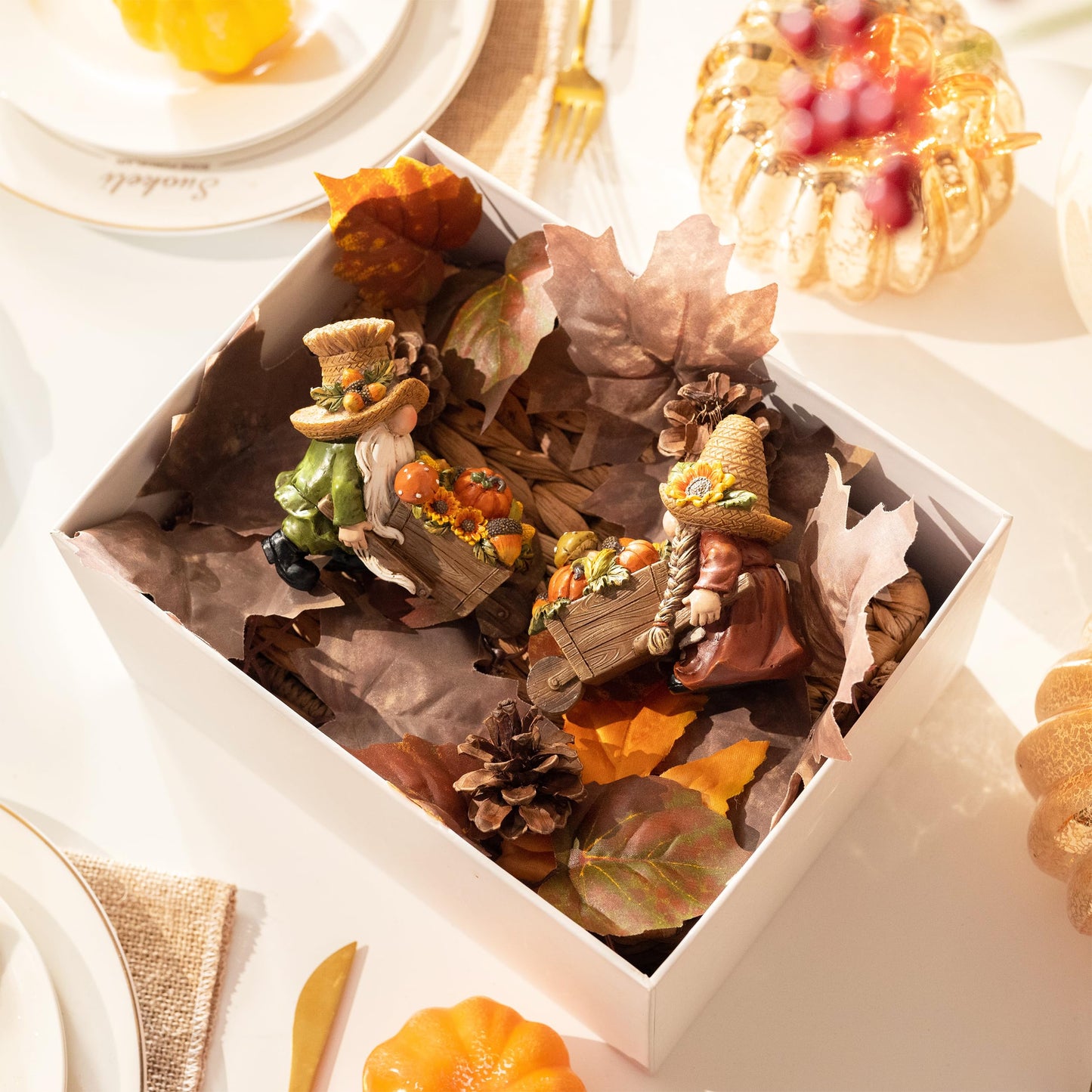 Valery Madelyn Autumn Decorations, Lovely Set of 2 Medium Fall Gonks Ornaments with Harvest Cart, Waterproof Resin Autumn Decor for Gonks Gifts, Fall Decorations for Living Room, Bedroom, Garden 10CM