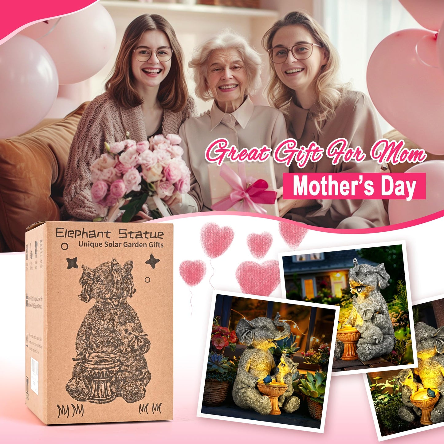 GIGALUMI Upgraded Elephant Statue Garden Decoration True Watering Elephant Figure Solar Powered LED Lights, Gifts for Women, Gifts for Mum, Garden Decorations for Patio(10.6 Inch/ 27 cm)