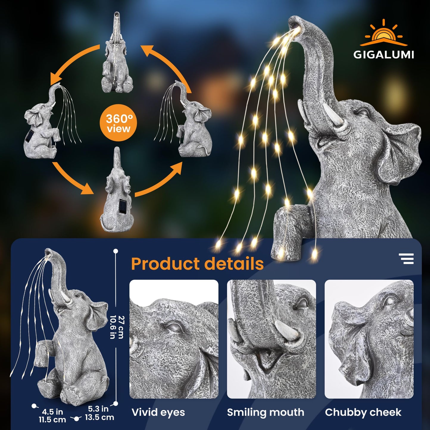 GIGALUMI Upgraded Elephant Statue Garden Decoration True Watering Elephant Figure Solar Powered LED Lights, Gifts for Women, Gifts for Mum, Garden Decorations for Patio(10.6 Inch/ 27 cm)