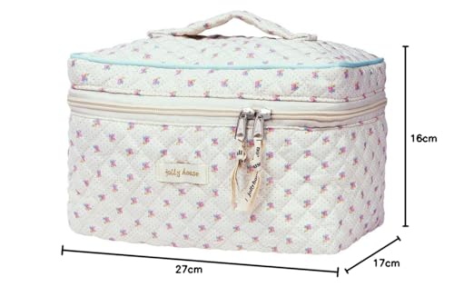 Aucuu Cotton Makeup Bag, Portable Travel Cosmetic Bag, Large Capacity Floral Toiletry Bags, Quilted Wash Bags Organizer for Women Girls