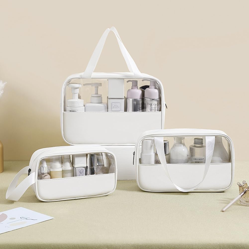 3PCS Clear Toiletry Bag, Wash Bag, Clear PU Makeup Bags, Waterproof Toiletry Travel Bags with Zipper Handle, Portable Airport Cosmetic B-ag for Travel Bathroom Men Women（Blue）