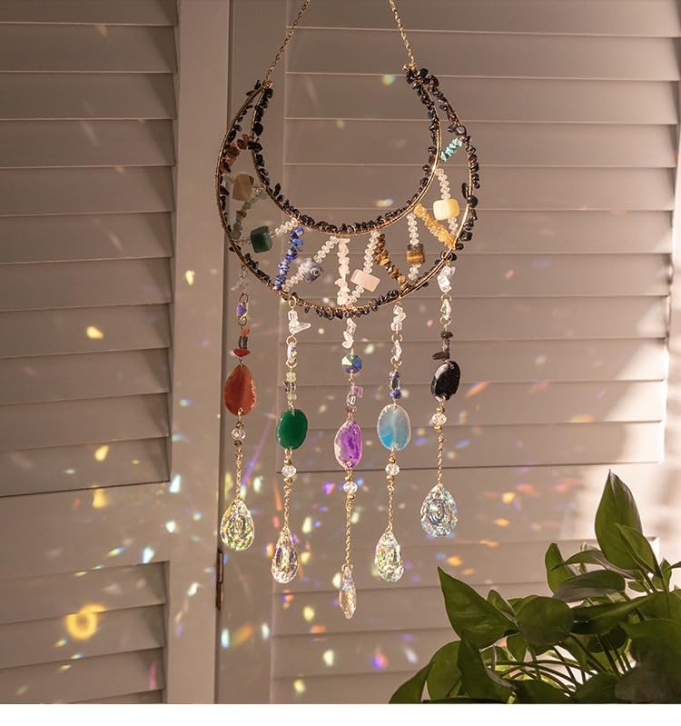 Moon Crystals Tree of Life Dream Catchers,Natural Gem Agate Wall Hangings for Windows Garden Home Décor (New moon shape)