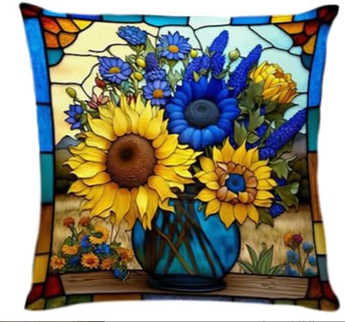 BAOKU Blue Sunflower Stained Cushion Covers,18x18 Inch Throw Pillow Covers Soft Pillowcases for Sofa Bed Home Garden Patio Decor Set of 4
