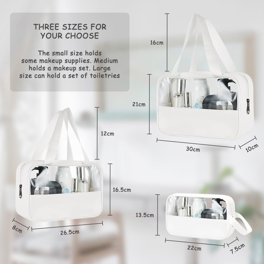 3PCS Clear Toiletry Bag, Wash Bag, Clear PU Makeup Bags, Waterproof Toiletry Travel Bags with Zipper Handle, Portable Airport Cosmetic B-ag for Travel Bathroom Men Women（Blue）