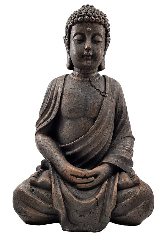 Sitting Buddha Garden Ornament Outdoor Statue Indoor Home Decor Bronzed Effect Figurine Table top Thai Meditating Décor Zen Weather Resistant 25cm Tall