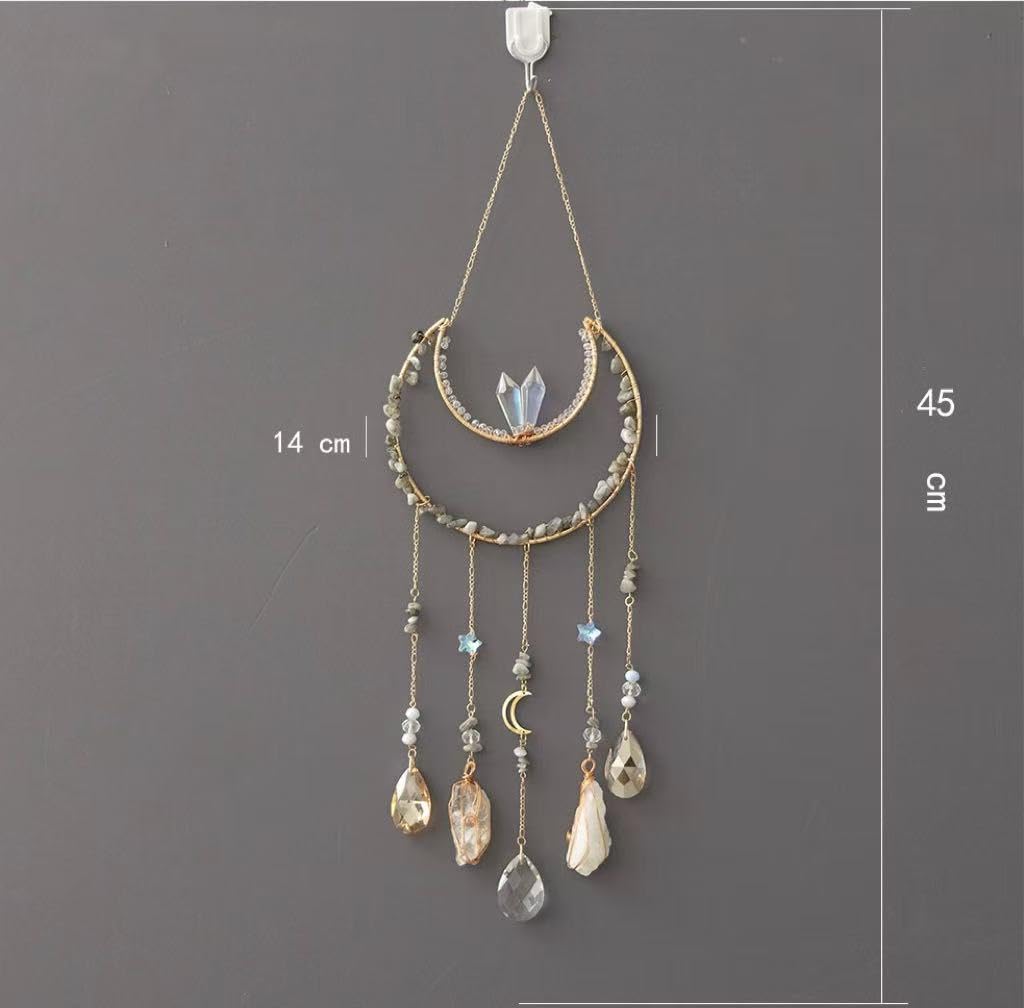 Moon Crystals Tree of Life Dream Catchers,Natural Gem Agate Wall Hangings for Windows Garden Home Décor (New moon shape)