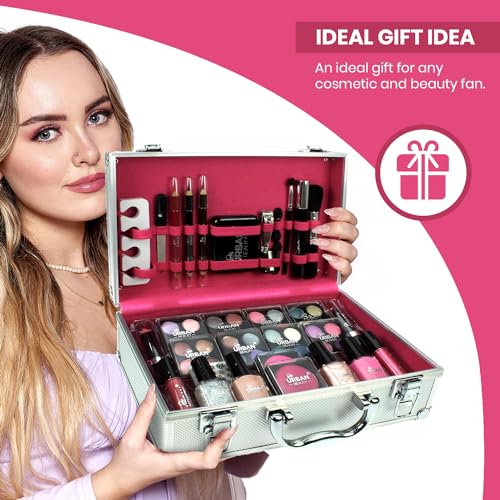 LOVE URBAN BEAUTY Dazzling Makeup Case – 60-Piece Makeup and Nail Set for Teenagers – Elegant Silver Box – Compact and Lightweight Design – Travel-Friendly Women’s Makeup Set