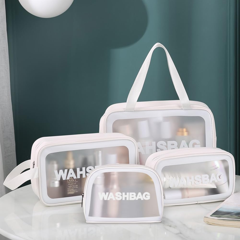 3PCS Clear Toiletry Bag, Wash Bag, Clear PU Makeup Bags, Waterproof Toiletry Travel Bags with Zipper Handle, Portable Airport Cosmetic B-ag for Travel Bathroom Men Women（Blue）