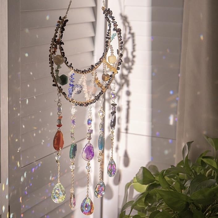 Moon Crystals Tree of Life Dream Catchers,Natural Gem Agate Wall Hangings for Windows Garden Home Décor (New moon shape)