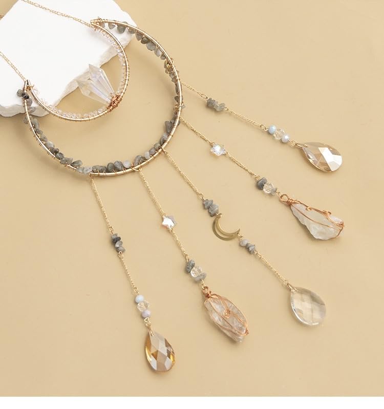 Moon Crystals Tree of Life Dream Catchers,Natural Gem Agate Wall Hangings for Windows Garden Home Décor (New moon shape)