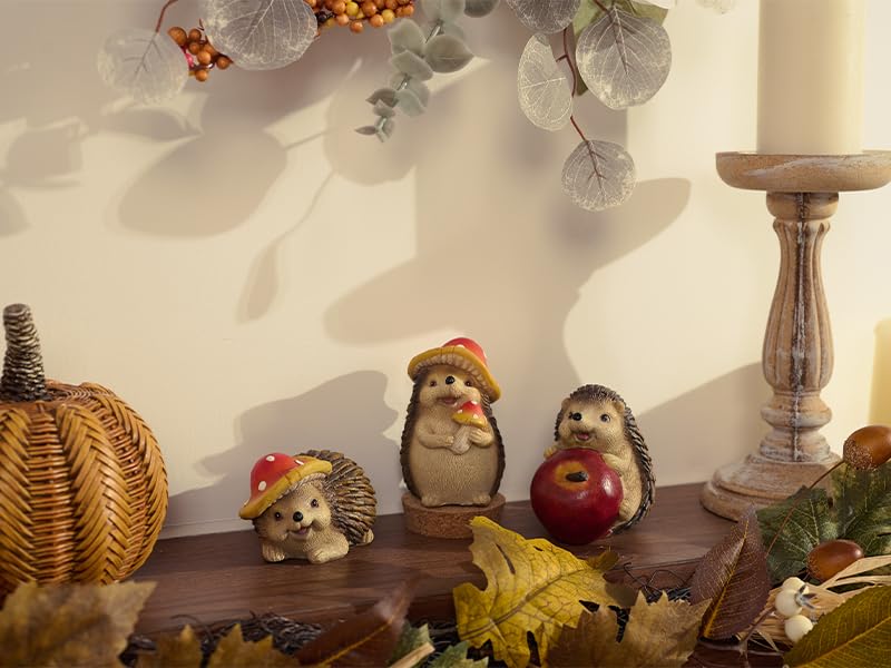 Valery Madelyn Autumn Decorations, Lovely Set of 3 Medium Hedgehogs Ornaments, Waterproof Resin Autumn Home Decor, Hedgehog Gifts for Women, Fall Decorations for Livling Room, Bedroom, Garden 7CM