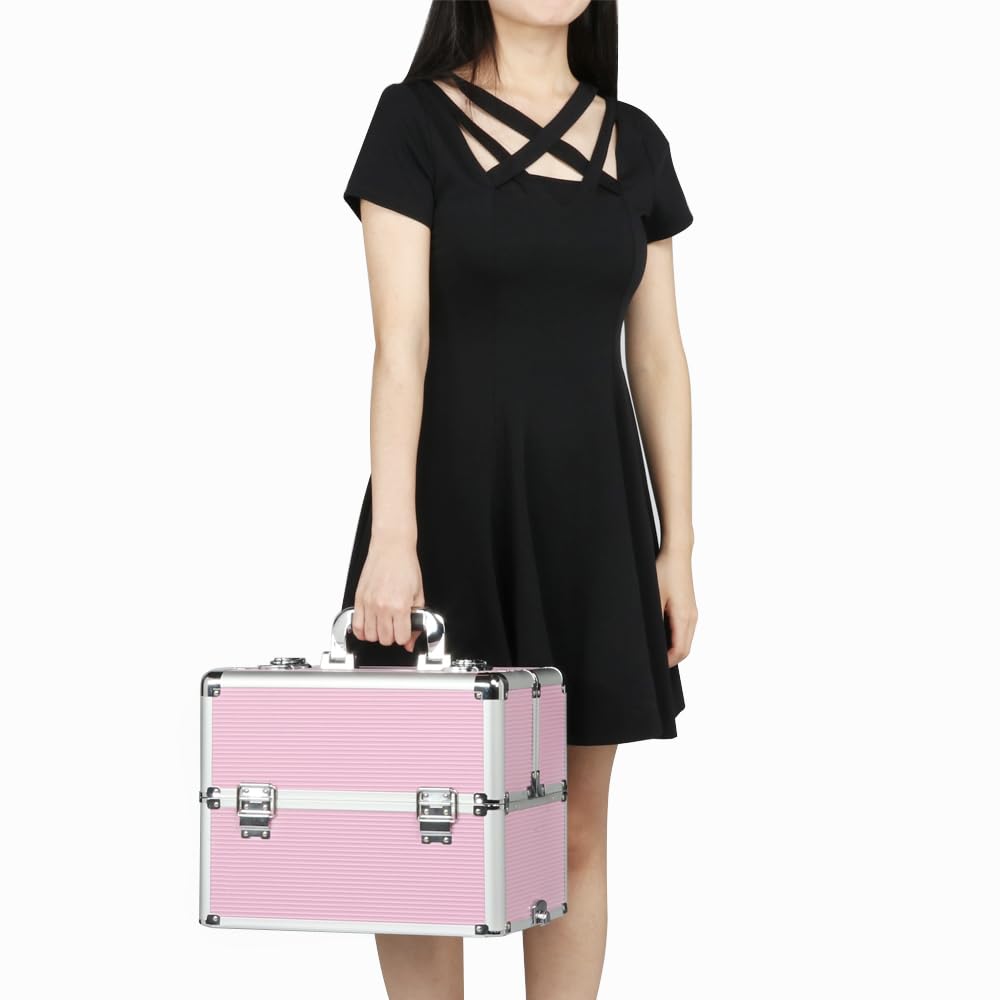 Yaheetech 4 in 1 Beauty Case Rolling Cosmetics Organiser Makeup Vanity Case Lockable Hairdressing Trolley Pink