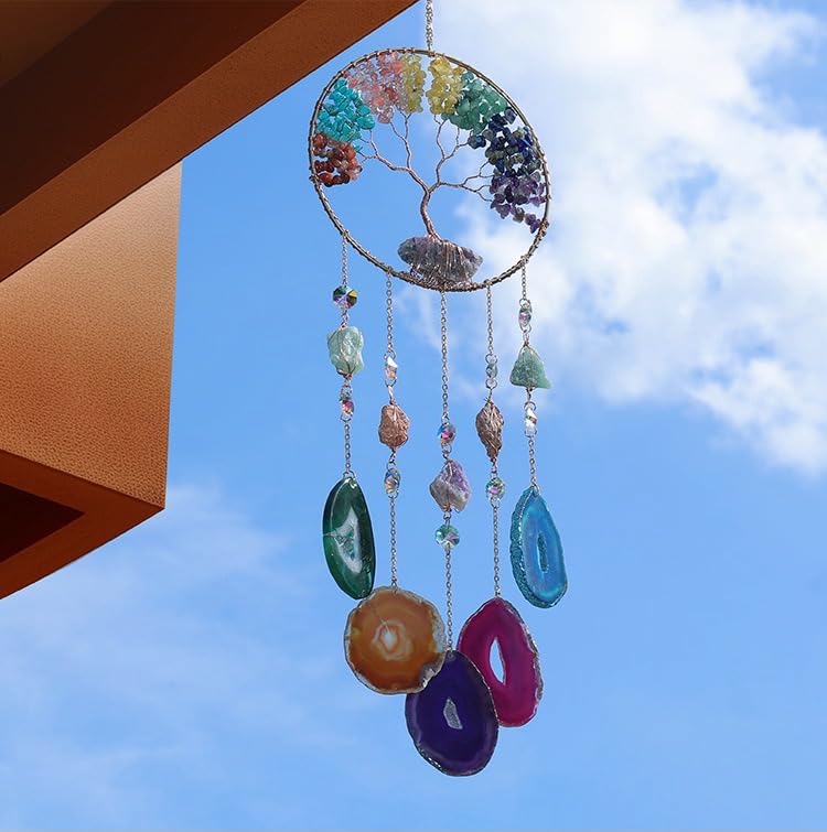 Moon Crystals Tree of Life Dream Catchers,Natural Gem Agate Wall Hangings for Windows Garden Home Décor (New moon shape)