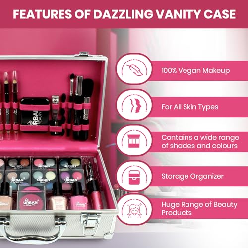 LOVE URBAN BEAUTY Dazzling Makeup Case – 60-Piece Makeup and Nail Set for Teenagers – Elegant Silver Box – Compact and Lightweight Design – Travel-Friendly Women’s Makeup Set