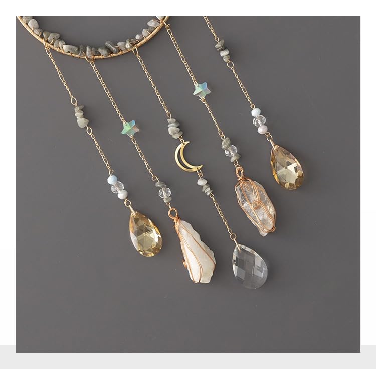 Moon Crystals Tree of Life Dream Catchers,Natural Gem Agate Wall Hangings for Windows Garden Home Décor (New moon shape)