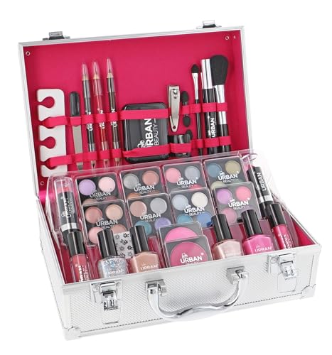 LOVE URBAN BEAUTY Dazzling Makeup Case – 60-Piece Makeup and Nail Set for Teenagers – Elegant Silver Box – Compact and Lightweight Design – Travel-Friendly Women’s Makeup Set