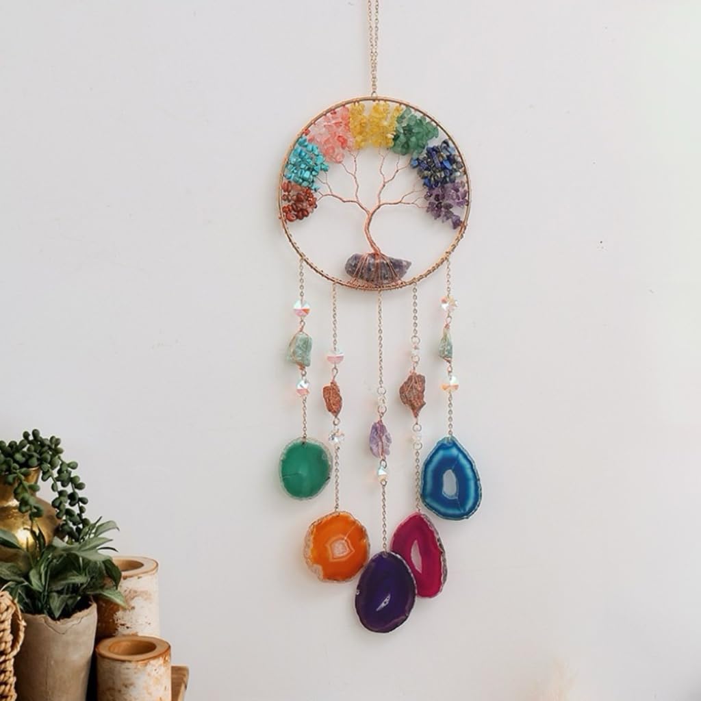 Moon Crystals Tree of Life Dream Catchers,Natural Gem Agate Wall Hangings for Windows Garden Home Décor (New moon shape)