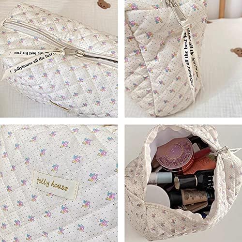 Aucuu Cotton Makeup Bag, Portable Travel Cosmetic Bag, Large Capacity Floral Toiletry Bags, Quilted Wash Bags Organizer for Women Girls
