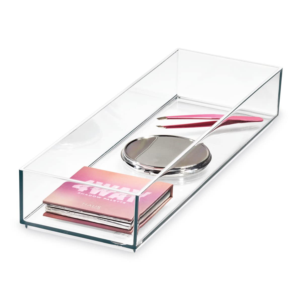 iDesign Storage Drawer from the Signature Series by Sarah Tanno, Rectangular PET Makeup Tray for Beauty Products, Cosmetic Organiser System, Clear/Matte White, 10.2 cm x 20.3 cm x 5 cm