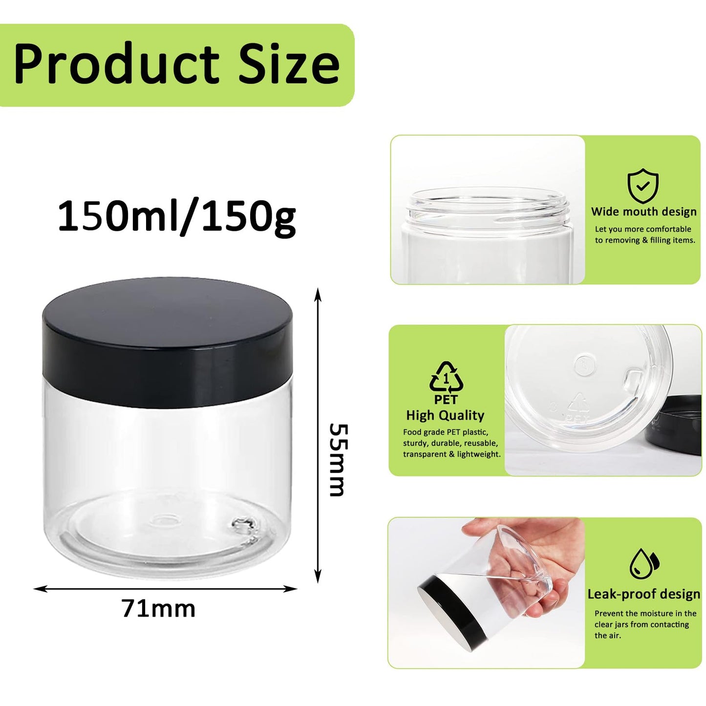 Apstaqeoo 4PCS 150ML Empty Plastic Jars With Black Lids, Clear Round Face Cream Jars Cosmetic Container Travel Storage Jar With Inner Liners for Body Scrub/Lotion/Powder/Ointment/Salves/Sample/Makeup