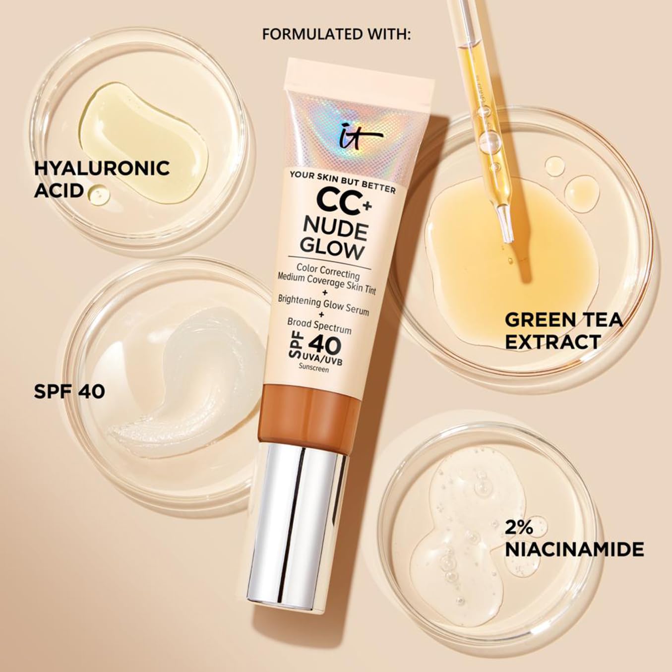 IT Cosmetics Your Skin But Better CC+ Cream Nude Glow, SPF 40, Lightweight Medium Coverage Foundation with 90% Skincare Base & 2% Niacinamide, for Brighter, Hydrated Skin, 32Ml