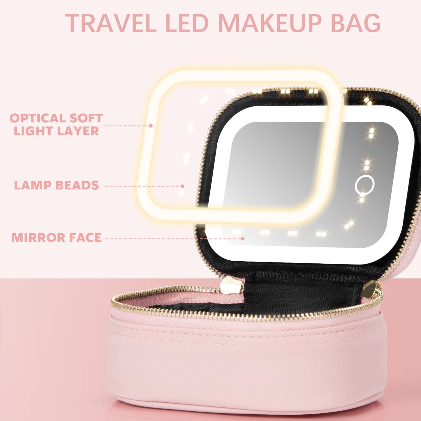 STORICANS Makeup Bag with Mirror, Travel Makeup Organiser Case with Mirror and Light, Mini Cosmetic Organizer, 3 Levels Brightness Adjustable, Portable Artist Storage for Women (Pink)