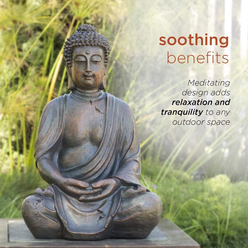 Sitting Buddha Garden Ornament Outdoor Statue Indoor Home Decor Bronzed Effect Figurine Table top Thai Meditating Décor Zen Weather Resistant 25cm Tall