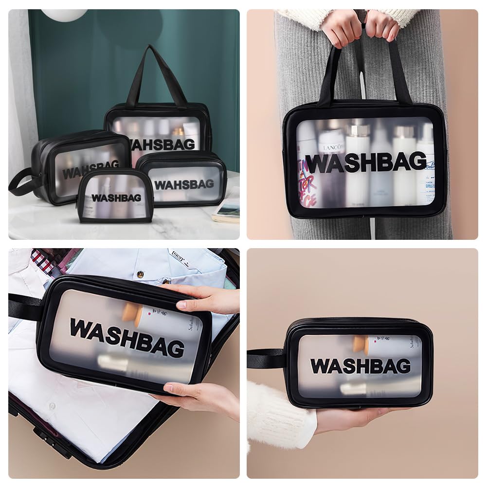 3PCS Clear Toiletry Bag, Wash Bag, Clear PU Makeup Bags, Waterproof Toiletry Travel Bags with Zipper Handle, Portable Airport Cosmetic B-ag for Travel Bathroom Men Women（Blue）