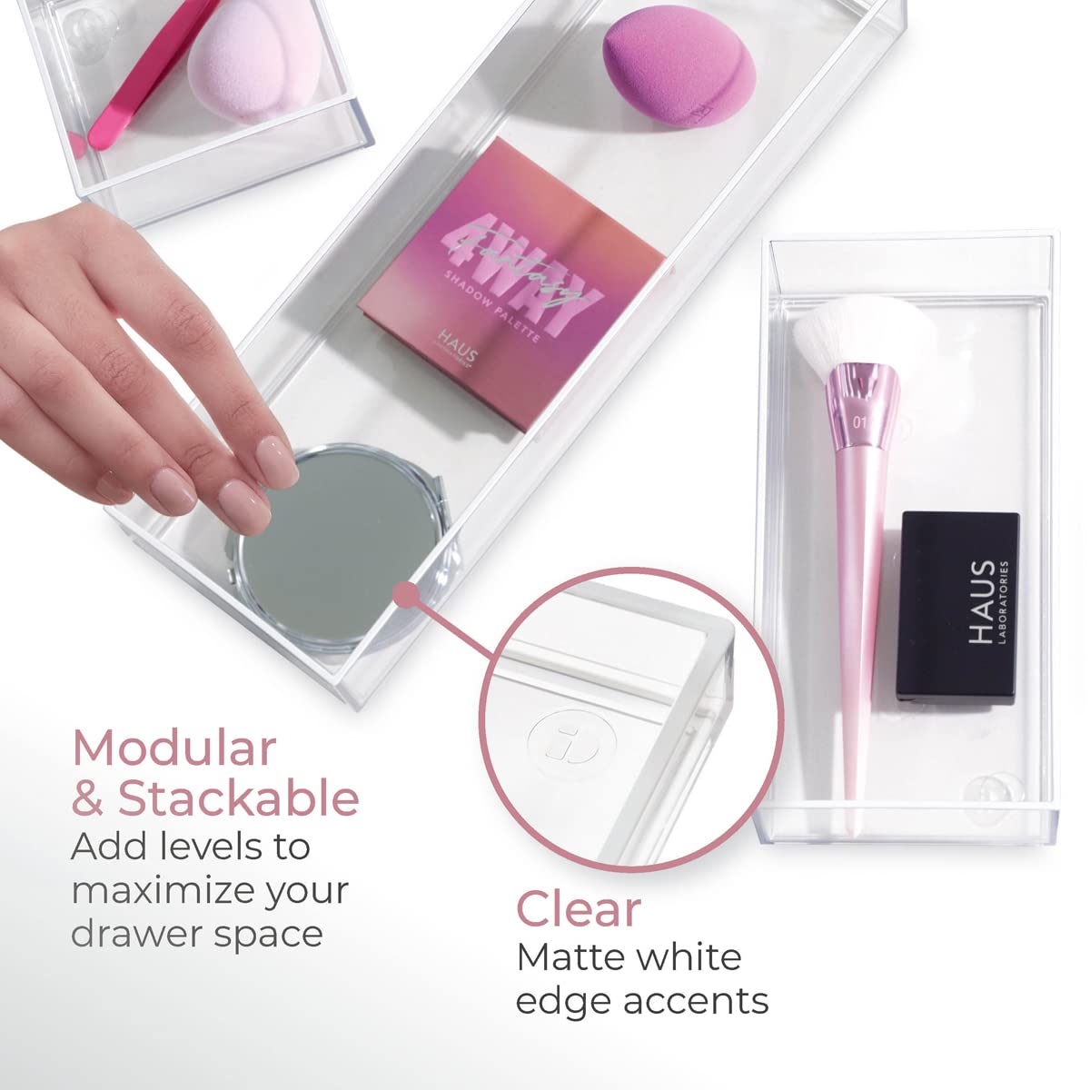 iDesign Storage Drawer from the Signature Series by Sarah Tanno, Rectangular PET Makeup Tray for Beauty Products, Cosmetic Organiser System, Clear/Matte White, 10.2 cm x 20.3 cm x 5 cm