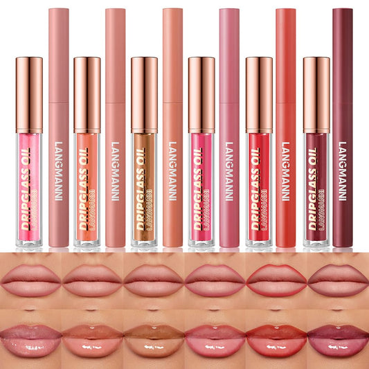 12 Pcs Hydrating Lip Oils + Lip Liner Pencil Combo Sets, Nude Lipliner Glass Lip Glosses Long Lasting Non-Fading Waterproof Lip Makeup Set Gift For Women