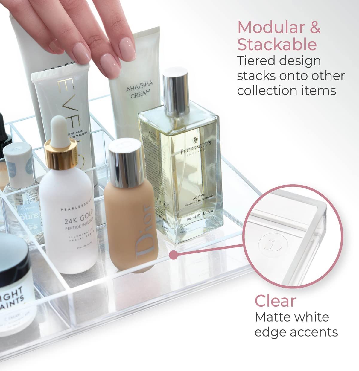 iDesign Storage Drawer from the Signature Series by Sarah Tanno, Rectangular PET Makeup Tray for Beauty Products, Cosmetic Organiser System, Clear/Matte White, 10.2 cm x 20.3 cm x 5 cm