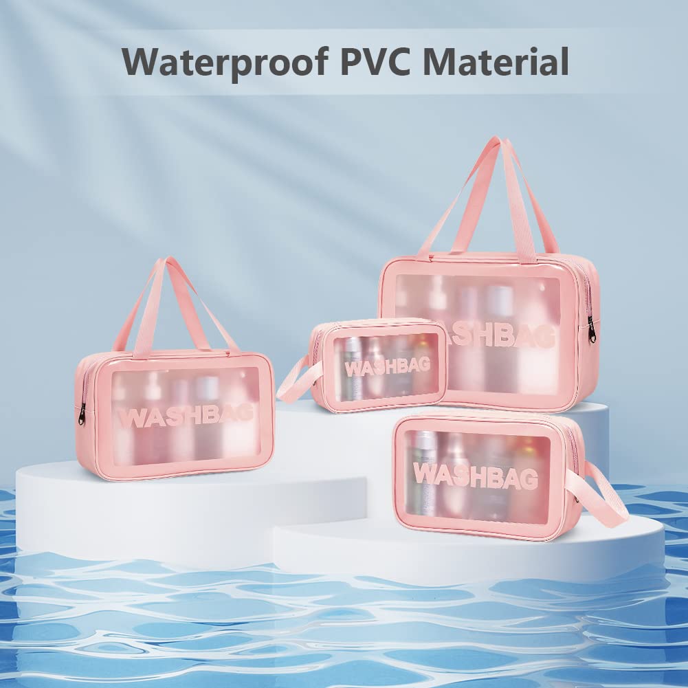 3PCS Clear Toiletry Bag, Wash Bag, Clear PU Makeup Bags, Waterproof Toiletry Travel Bags with Zipper Handle, Portable Airport Cosmetic B-ag for Travel Bathroom Men Women（Blue）