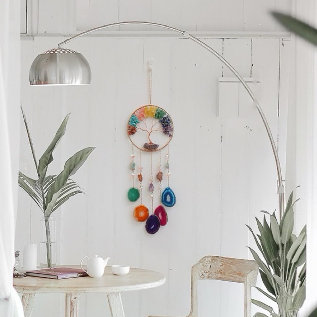 Moon Crystals Tree of Life Dream Catchers,Natural Gem Agate Wall Hangings for Windows Garden Home Décor (New moon shape)