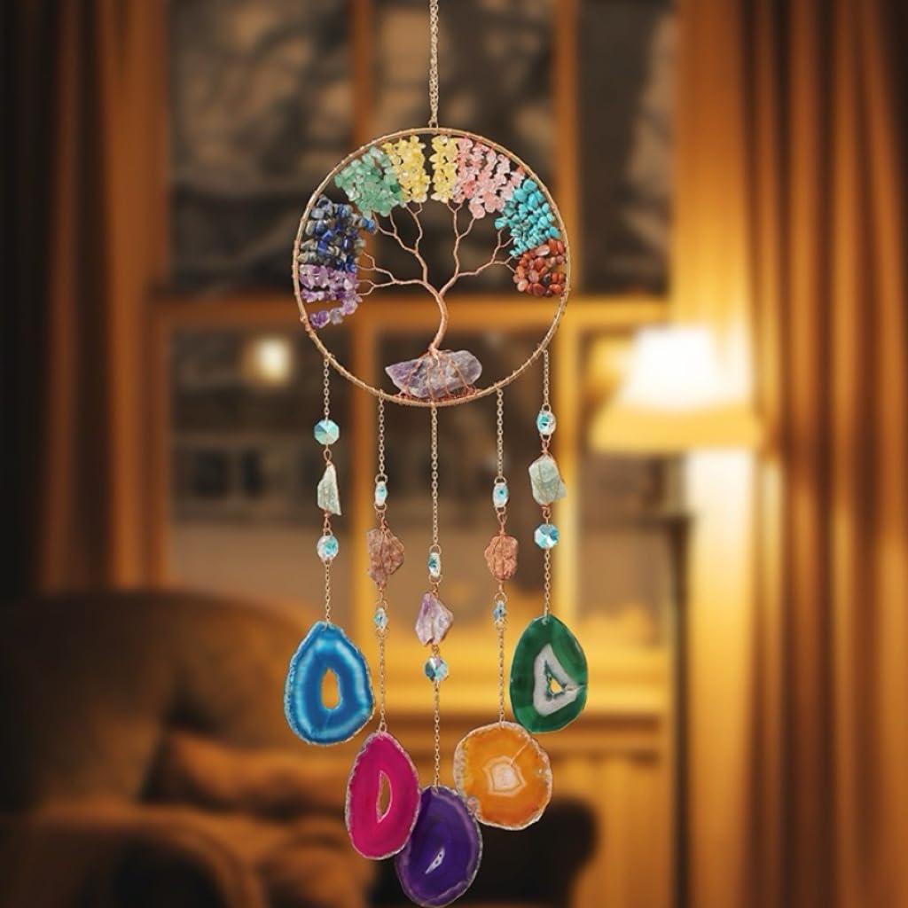 Moon Crystals Tree of Life Dream Catchers,Natural Gem Agate Wall Hangings for Windows Garden Home Décor (New moon shape)
