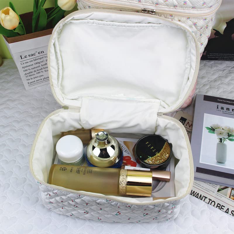 Aucuu Cotton Makeup Bag, Portable Travel Cosmetic Bag, Large Capacity Floral Toiletry Bags, Quilted Wash Bags Organizer for Women Girls