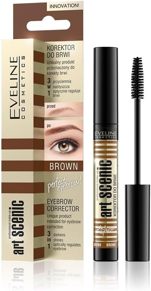 Eveline Cosmetics Art Scenic Eyebrow Corrector Gel - Brown | Enhances, Shines & Shapes | 10 ML | Vegan Formula
