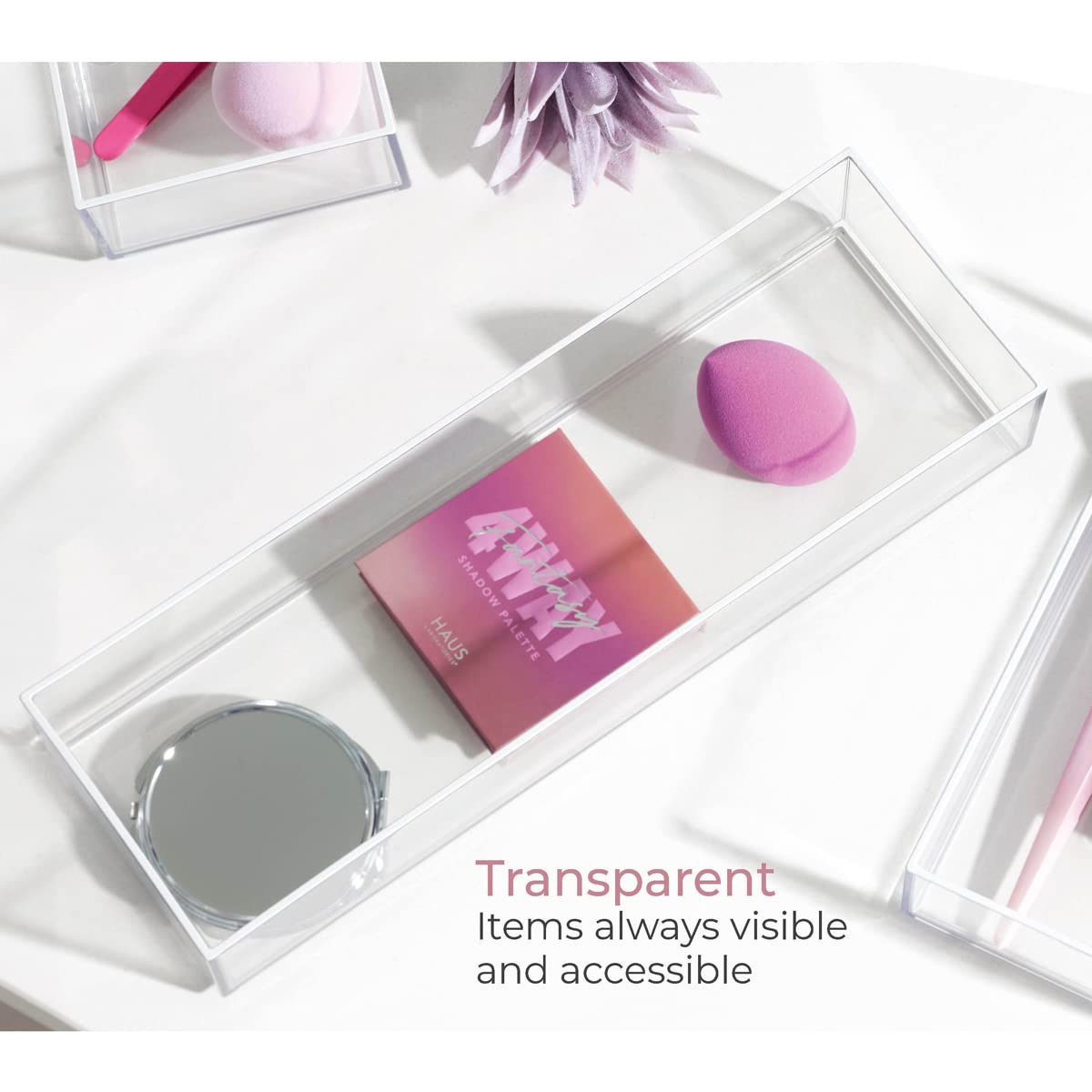 iDesign Storage Drawer from the Signature Series by Sarah Tanno, Rectangular PET Makeup Tray for Beauty Products, Cosmetic Organiser System, Clear/Matte White, 10.2 cm x 20.3 cm x 5 cm