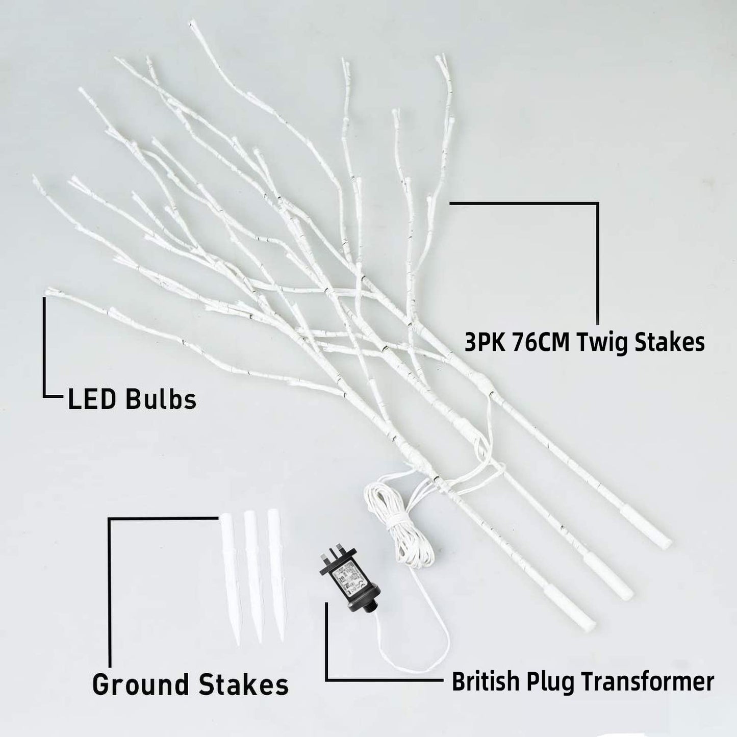 EAMBRITE 3PK 76cm Home Decorative Twig Lights Garden Stake Branch Lights with 60 Warm White LEDs Mains Powered Lighted Branches for Floor Vases Spring Xmas Decor Outdoor and Indoor