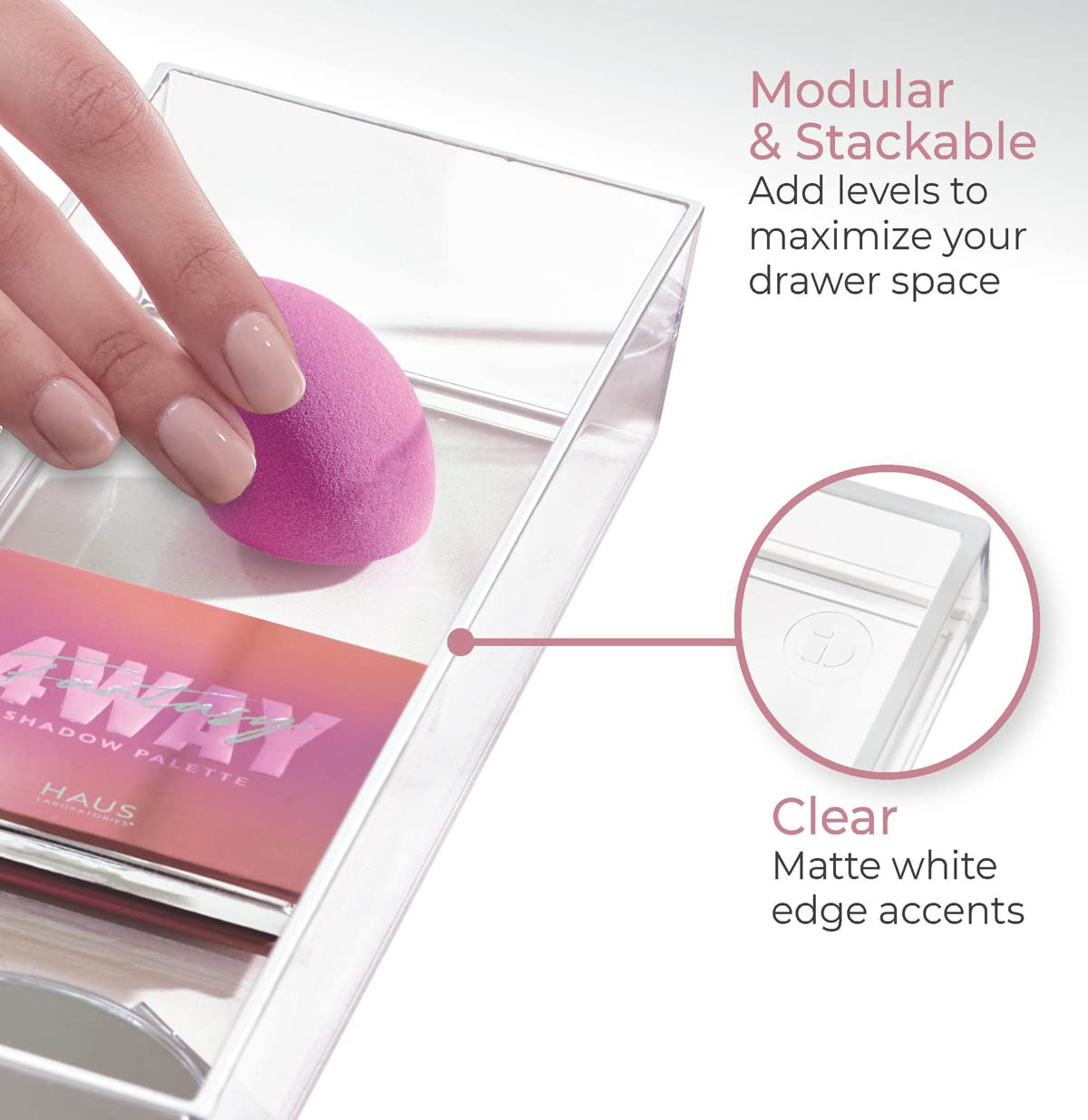 iDesign Storage Drawer from the Signature Series by Sarah Tanno, Rectangular PET Makeup Tray for Beauty Products, Cosmetic Organiser System, Clear/Matte White, 10.2 cm x 20.3 cm x 5 cm