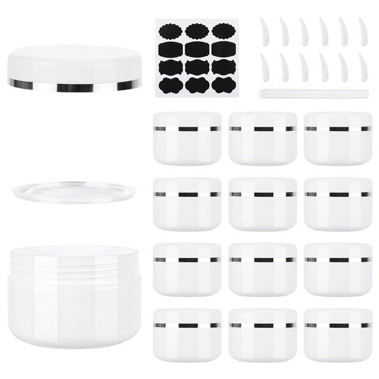 15 Pcs 50ml Cosmetic Sample Jars, Plastic Refillable Travel Pots, Cosmetic Pots with Lids, Travel Pots for Toiletries, with Spatulas, Labels and Pen for Makeup Beauty Nails