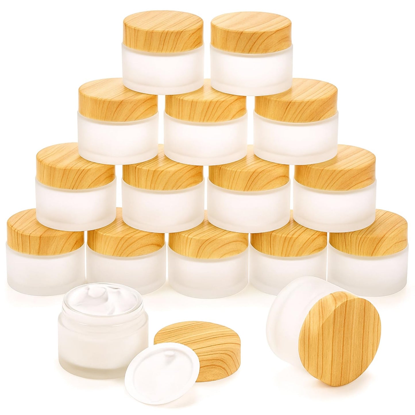 ZENFUN 16 Pcs Glass Cosmetic Containers 50 Gram/50ml Empty Sample Jar with Plastic Lid, Frosted Glass Bottle, Small Makeup Sample Jars, Refillable Travel Jars for Cream, Lotions, Lip Balm