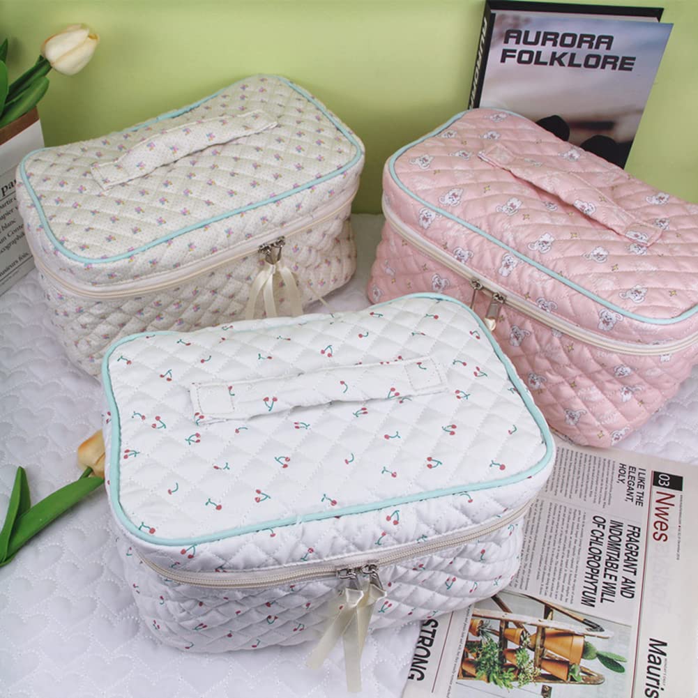 Aucuu Cotton Makeup Bag, Portable Travel Cosmetic Bag, Large Capacity Floral Toiletry Bags, Quilted Wash Bags Organizer for Women Girls