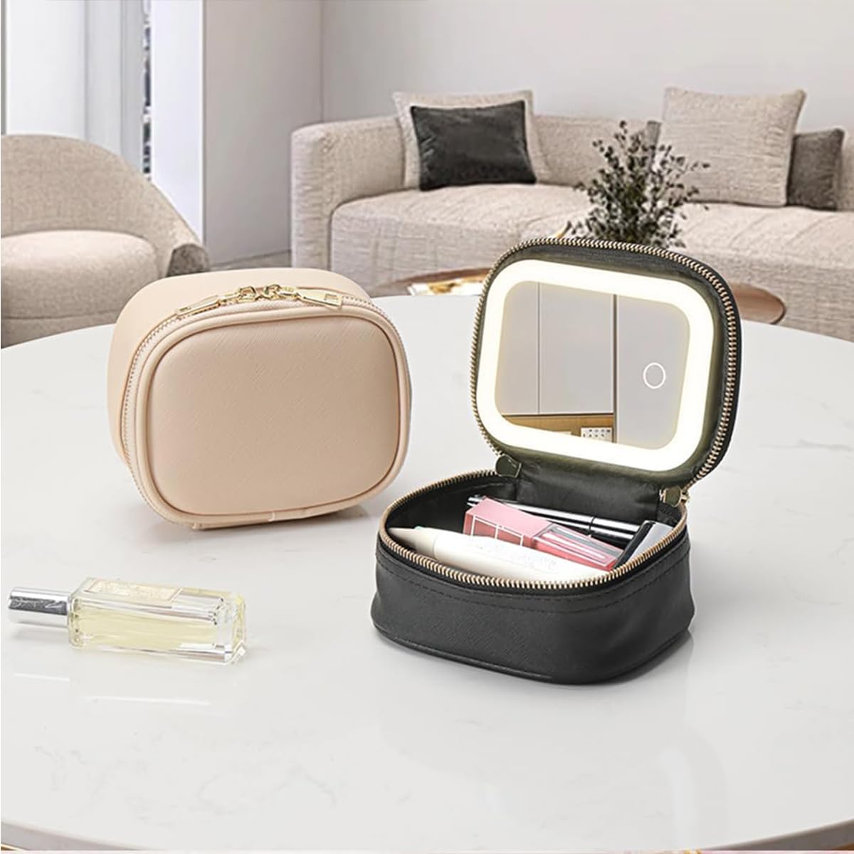 STORICANS Makeup Bag with Mirror, Travel Makeup Organiser Case with Mirror and Light, Mini Cosmetic Organizer, 3 Levels Brightness Adjustable, Portable Artist Storage for Women (Pink)