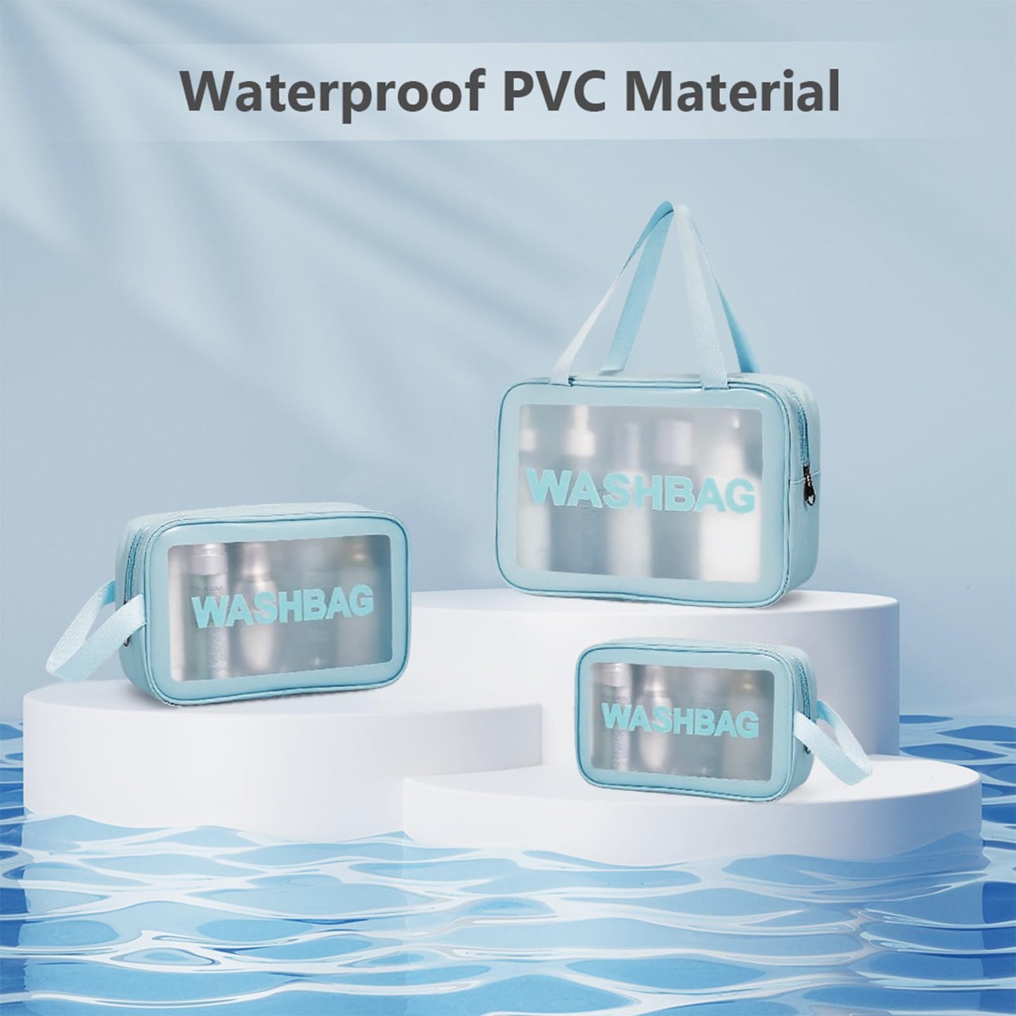 3PCS Clear Toiletry Bag, Wash Bag, Clear PU Makeup Bags, Waterproof Toiletry Travel Bags with Zipper Handle, Portable Airport Cosmetic B-ag for Travel Bathroom Men Women（Blue）