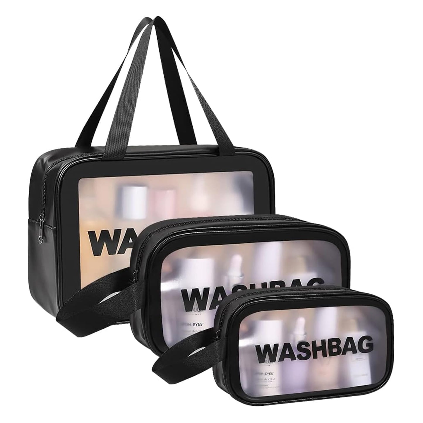 3PCS Clear Toiletry Bag, Wash Bag, Clear PU Makeup Bags, Waterproof Toiletry Travel Bags with Zipper Handle, Portable Airport Cosmetic B-ag for Travel Bathroom Men Women（Blue）