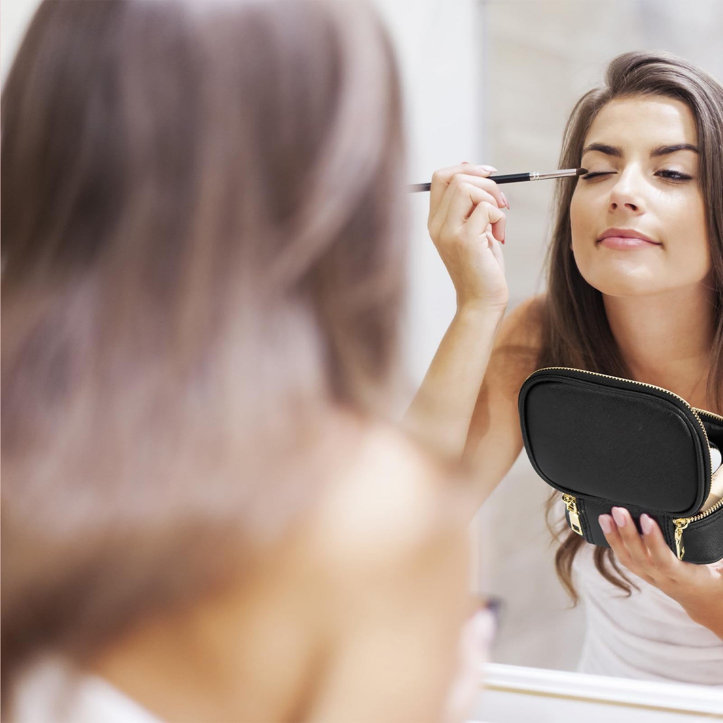 STORICANS Makeup Bag with Mirror, Travel Makeup Organiser Case with Mirror and Light, Mini Cosmetic Organizer, 3 Levels Brightness Adjustable, Portable Artist Storage for Women (Pink)