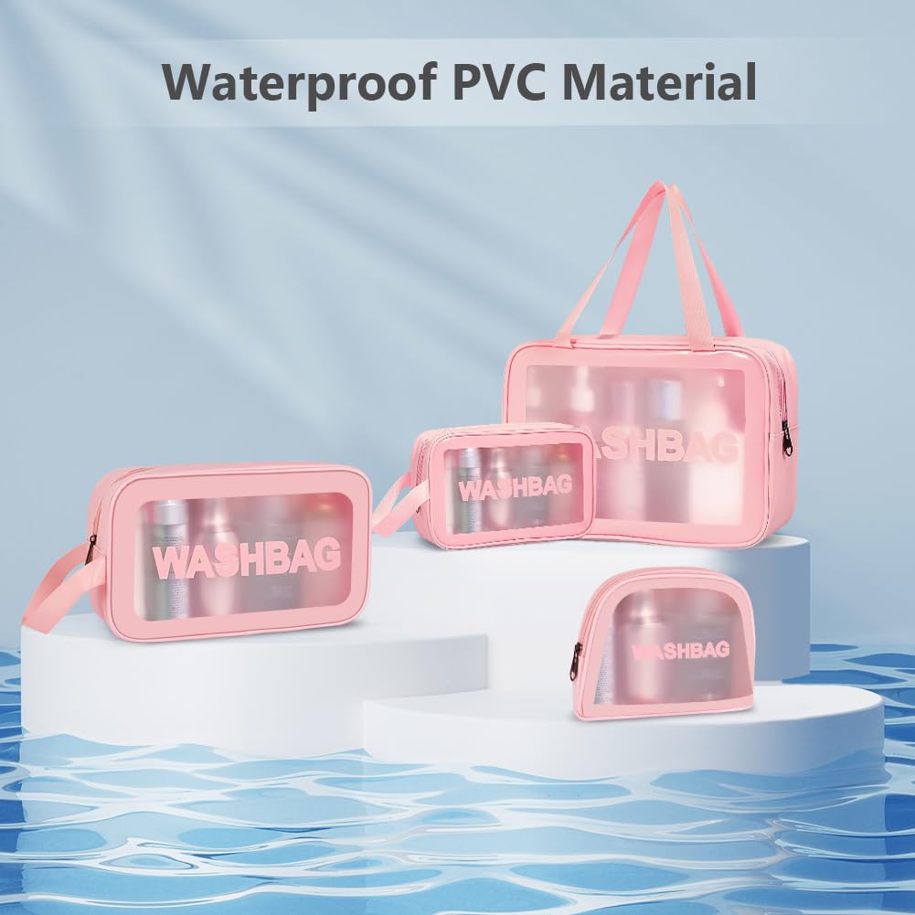 3PCS Clear Toiletry Bag, Wash Bag, Clear PU Makeup Bags, Waterproof Toiletry Travel Bags with Zipper Handle, Portable Airport Cosmetic B-ag for Travel Bathroom Men Women（Blue）