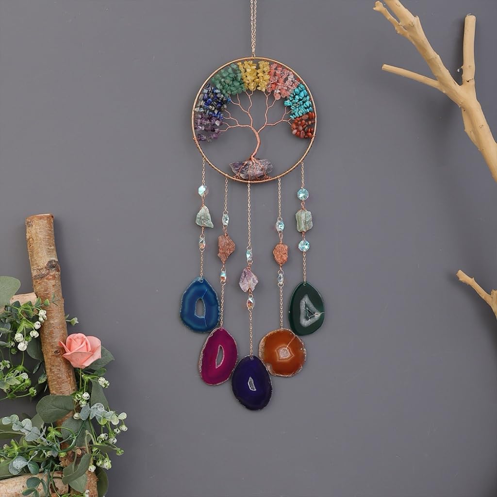 Moon Crystals Tree of Life Dream Catchers,Natural Gem Agate Wall Hangings for Windows Garden Home Décor (New moon shape)
